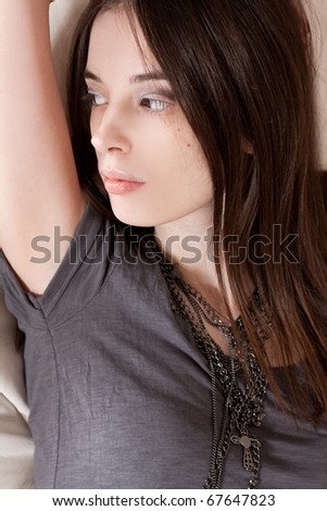 portrait of beauty young brunette in bad, morning