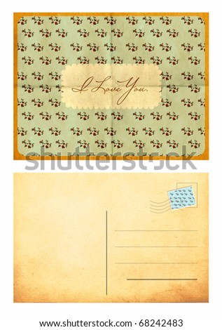 vintage postcard on vintage paper with flowers pattern and back side, old