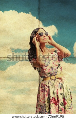 beauty young woman in sunglasses, vintage pattern, retro dress