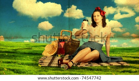 beauty young woman on nature, green grass, blue sky,retro paper texture
