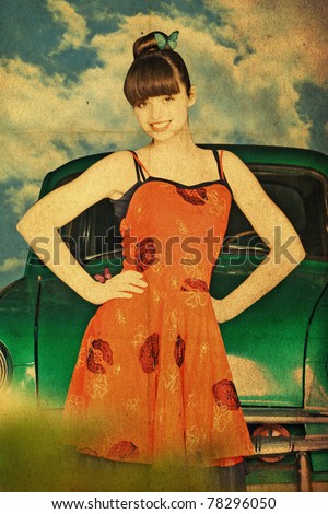 vintage collage with beauty woman in green car, paper texture