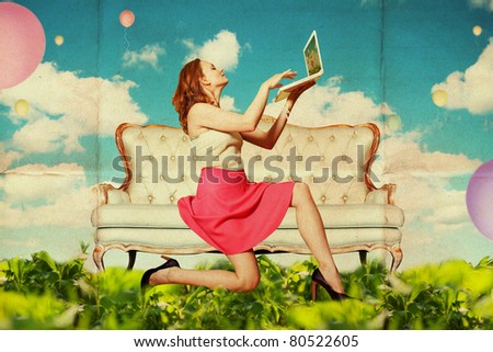 beautiful woman with laptop in clouds, vintage pattern