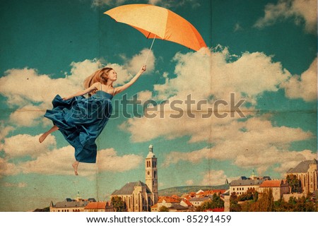 art collage with flying woman, vintage image