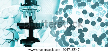 Collage on scientific topics. Research scientists in the microscope  with Hexagonal cell. Molecules closeup