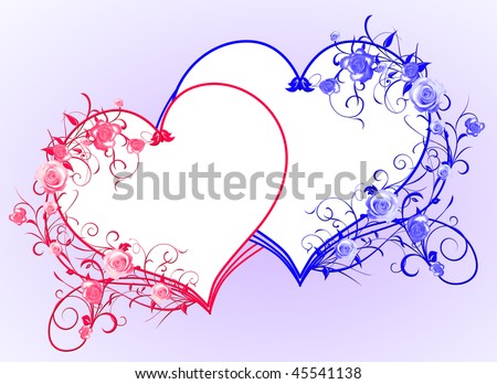 stock photo Red and blue floral hearts on lavender background
