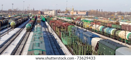 Freight cars in cargo port in the early spring
