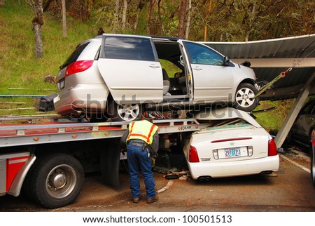 ROSEBURG, OR - APRIL 18: The results of a bizarre accident where an elderly male driver mistook the accelerator pedal for the brake. April 18, 2012 in Roseburg, OR
