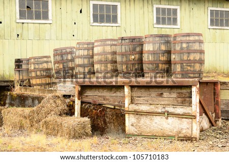 Wine barrels sitting on a loading dock at a large winery and beer brewery in the Willamette Valley near Portland Oregon
