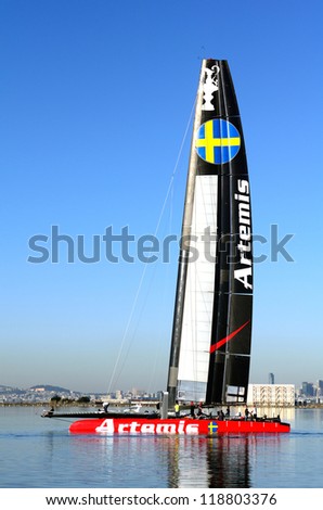 ALAMEDA, CA - NOVEMBER 12: Artemis Racing sail boat crew working on the entry for the Worlds Cup in San Francisco.  Boat owned by  Royal Swedish Yacht Club, Alameda, California, November 12, 2012