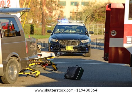 ROSEBURG OR - NOVEMBER 6: Two vehicle accident at hospital entrance results in injuries to passenger in one of the cars who had to be extricated by fire department in Roseburg Oregon, November 6, 2012