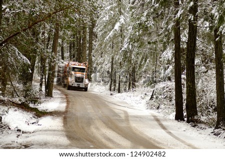A log truck emerges from the snowy southern Oregon forest with a load of logs destined for the lumber mill