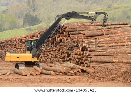A track hoe excavator log loader working the log yard stack at a lumber processing mill that specializes in small logs