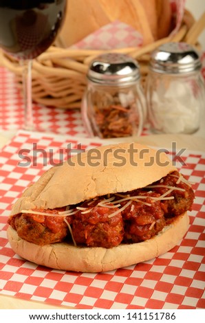 Italian meatball sandwich on a crusty bread roll