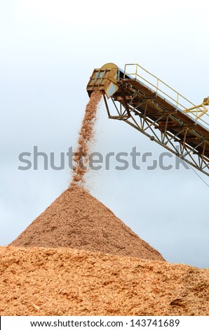 Larch wood chip processing facility piling up chips to be loaded on a ship for export in Coos Bay Oregon