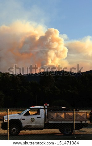 GLENDALE OREGON - JULY 28: Smoke comes from the Dads Creek fire part of the Douglas Complex fires near Glendale Oregon on July 28, 2013