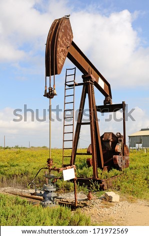 pumpjack, nodding donkey,  horsehead , rocking horse, beam, dinosaur, sucker rod, grasshopper, Big Texan, thirsty bird, jack pump a reciprocating piston pump in an oil well. in eastern Texas
