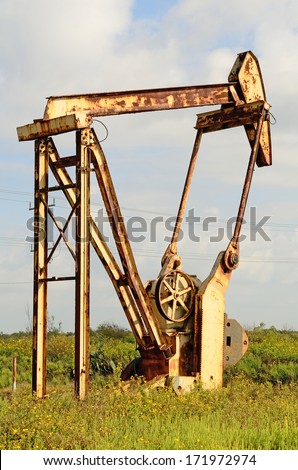 pumpjack, nodding donkey,  horsehead , rocking horse, beam, dinosaur, sucker rod, grasshopper, Big Texan, thirsty bird, jack pump a reciprocating piston pump in an oil well. in eastern Texas