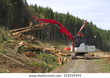 A log loader or forestry machine moves fresh cut logs for loading on a log truck at the site logging landing in southern Oregon