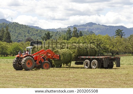 Tractor picking up large round bales of high value alfalfa grass feed  and putting on a truck to ship to the barn from a summer field in Oregon