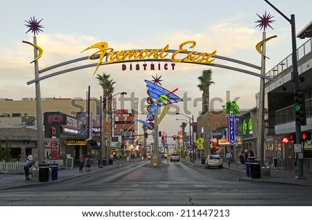 LAS VEGAS, USA - JUNE 26, 2014: Fremont Street and famous vintage neon lights in downtown Las Vegas, NV, on June 26, 2014