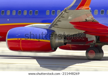 LAS VEGAS, NV, USA  - JUNE 24, 2014: A Southwest Airline Passenger Jet On Final Approach To Las Vegas International Airport on June 24, 2014. Southwest is the world\'s largest low cost carrier