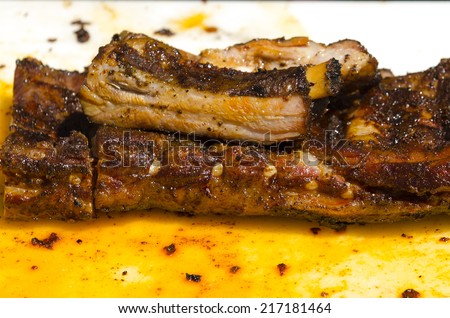 Freshly cooked pork BBQ ribs just out of the smoker at a street vendor in Portland Oregon