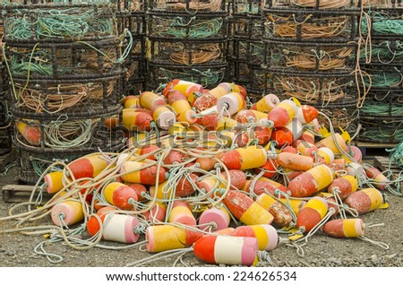 A group of crab rings, rope and other gear waits on a dock for next season in Oregon