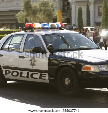 Las Vegas, NV, USA -November 10, 2014: Las Vegas police responding down Las Vegas Blvd to a casino robbery.