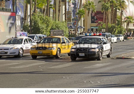 Las Vegas, NV, USA -November 10, 2014: Las Vegas police responding down Las Vegas Blvd to a casino robbery.