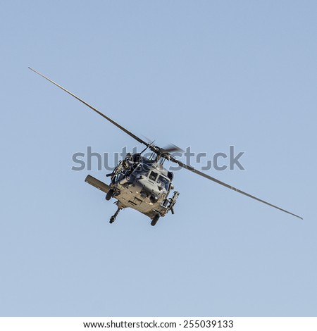 Las Vegas, NV, USA -November 09, 2014: Sikorsky HH-60G Pave Hawk helicopter in a rescue operation, Nellis Air Force Base, Aviation Nation 2014 airshow