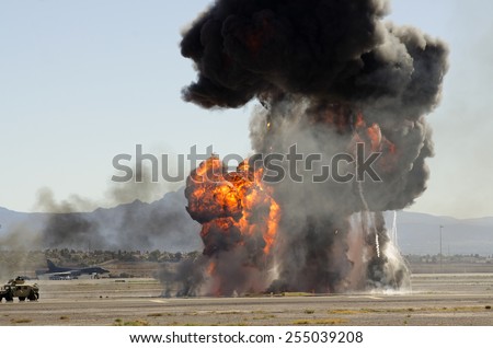 Las Vegas, NV, USA -November 09, 2014: Explosions as part of a demonstration at Nellis Air Force Base, Aviation Nation 2014 airshow