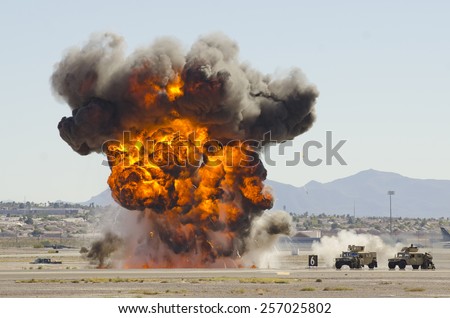 Las Vegas, NV, USA - November 9, 2014: Explosions as part of a demonstration at Nellis Air Force Base, Aviation Nation 2014 airshow