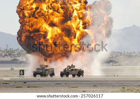 Las Vegas, NV, USA - November 9, 2014: Explosions as part of a demonstration at Nellis Air Force Base, Aviation Nation 2014 airshow