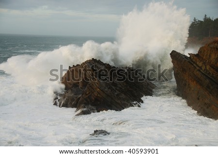 Heavy ocean surf action on the rocks off of Shore Acres State Park near Charleston Oregon