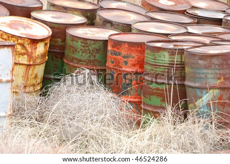 Old abandoned chemical fuel barrels in the high desert of central Washington state