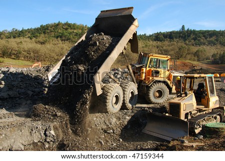 Excavation equipment moving the blasted rock during a large construction project in Roseburg Oregon