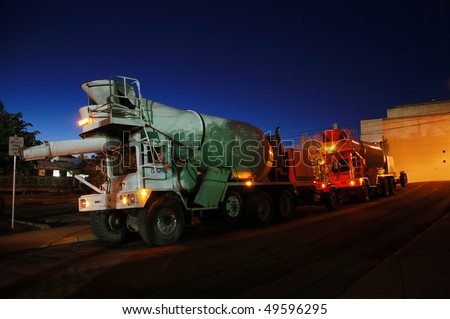 Concrete Service Co Mixers Waiting for Delivery, Nightime concrete pour of bottom floor of new Public Service Station in Downtown Roseburg OR