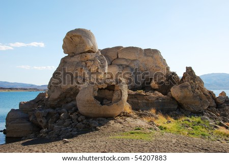 Stone Mother and Basket , Tufa rock formations along Pyramid Lake in the Great Basin northeast from Reno Nevada