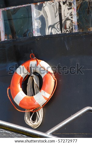 Life ring and rope on a fishing boat in Charleston Harbor on Oregon\'s Southcoast