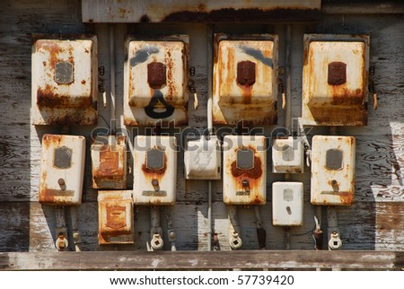 Large bank of vintage electrical switches at a petroleum bulk plant in the industrial area of Portland Oregon