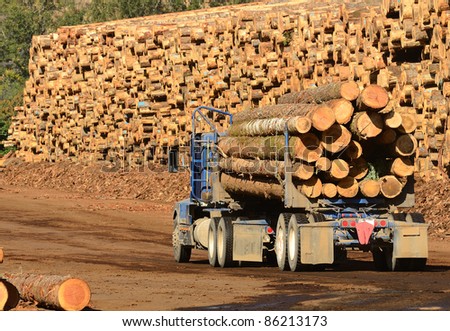A log truck delivers its load to a sawmill in Oregon