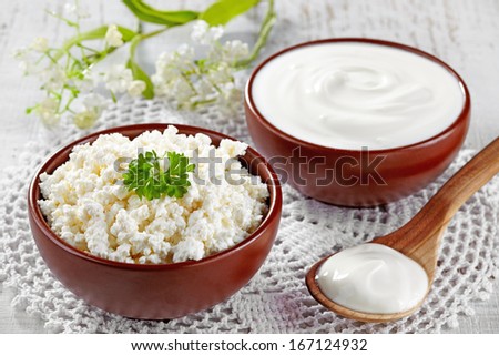 Bowl of fresh cottage cheese and sour cream