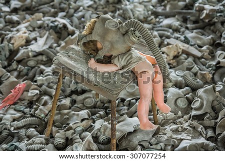 Creepy doll in Middle School No. 3 in Pripyat ghost town, Chernobyl Nuclear Power Plant Zone of Alienation, Ukraine