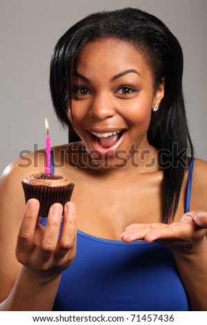 Happy surprise. Close up portrait of beautiful young black girl, holding a chocolate cup cake, with a pink candle burning on it. Girl has a big, happy, surprised expression on her face.