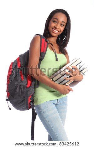 african american student books teenage holding pretty young teenager backpack smile wearing hair schools jeans long female she children vest