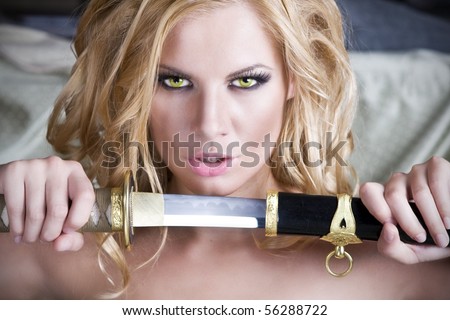 blond girl with samurai sword