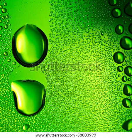 Green water drops background. Square composition.