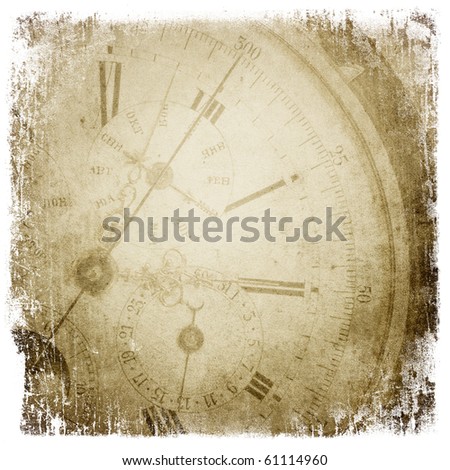 Antique pocket clock face. Grunge background with isolated borders.