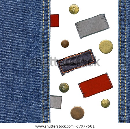Highly detailed closeup - set of various cotton jeans\' labels, metal rivets and buttons, worn blue denim, isolated on white background