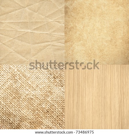 Big size set of four highly detailed textures in matching color - battered paper, grungy leather, old canvas and wood